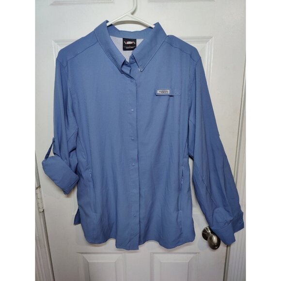 Viodia Blue Long Sleeve Fishing Shirt Roll Tab Snap Button Zip Pockets L - Picture 1 of 12